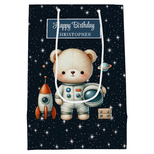 抱き枕パーソナライズされた宇宙ベア誕生日 ミディアムペーパーバッグ (裏面)