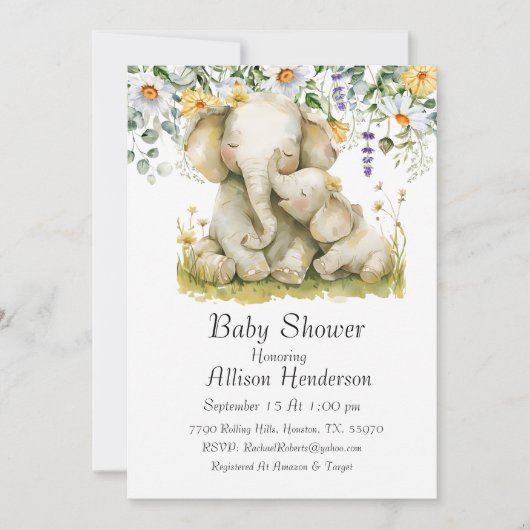 抱き込む母とベビーゾウ赤ちゃんシャワー 招待状 (正面)