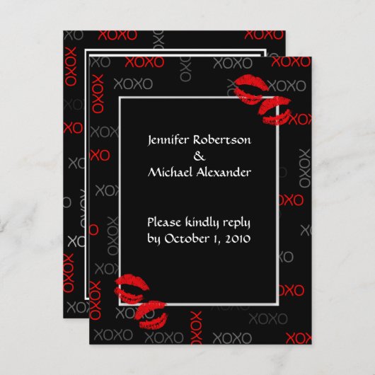 抱擁およびキスの黒く赤い結婚式の応答カード 出欠カード (正面/裏面)