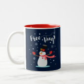 抱擁を解放して下さい。 雪だるま、雪片。 冬 ツートーンマグカップ (左)