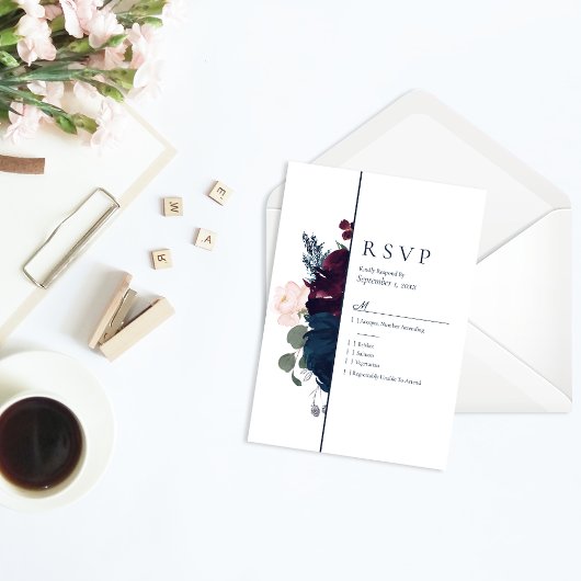 抱擁花模様RSVP 結婚's | Burgundy Navy Blue 出欠カード