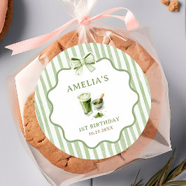 抹茶の誕生日グリーンボウストライプステッカー ラウンドシール