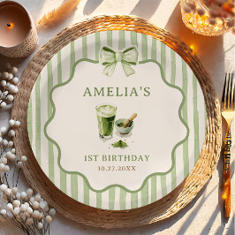 抹茶の誕生日ペーパープレート グリーンボウストライプ ペーパープレート