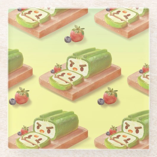 抹茶ケーキ転がイラストレーション ガラスコースター (正面)