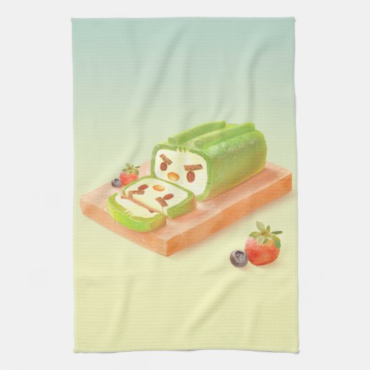 抹茶ケーキ転がイラストレーション キッチンタオル (縦)
