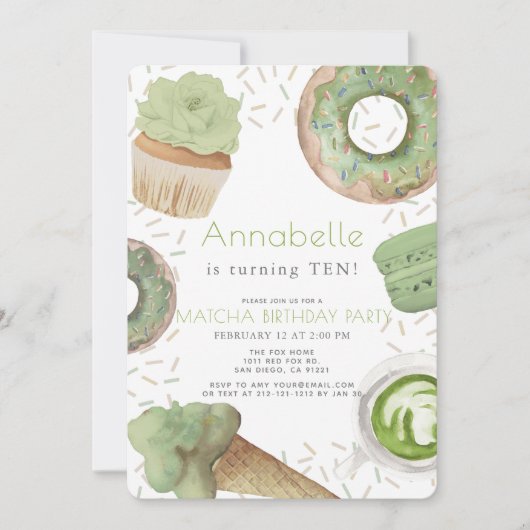 抹茶スイーツグリーンティーパーティーガール誕生日 招待状 (正面)
