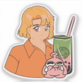 抹茶タピオカティーの時間 - オレンジ色のかわいいアニメの少女 シール (正面)