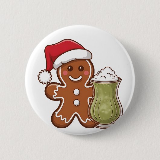 抹茶ドリンクを持つジンジャーブレッドマン クリスマス 缶バッジ (正面)