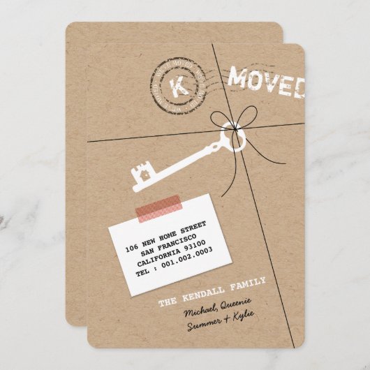 押されたモノグラムのパッケージ及び鍵の家の暖まるパーティー 招待状 (正面/裏面)