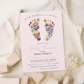 押されたワイルドフラワーフットプリントベビーガールシャワー 招待状