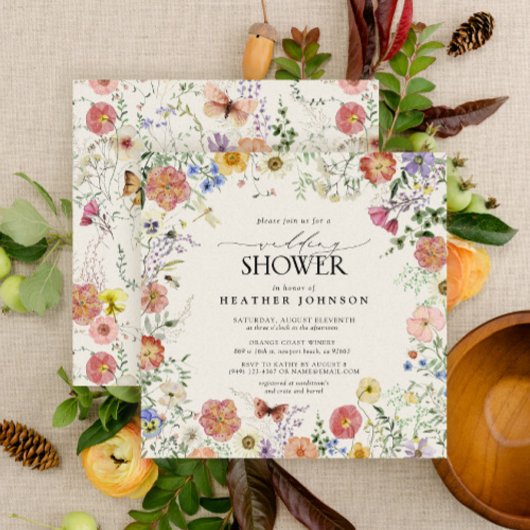 押されたワイルドフラワーフローラフレームウェディングシャワー 招待状