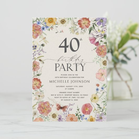 押されたワイルドフラワーフローラフレーム40th誕生日 招待状 (スタンド正面)