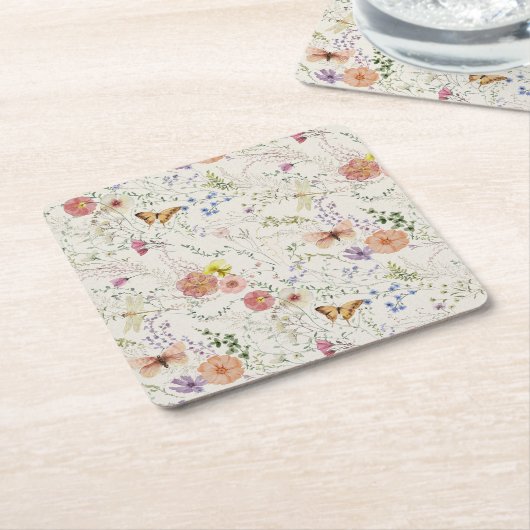 押されたワイルドフラワーフローラブライダルシャワー スクエアペーパーコースター (アングル)