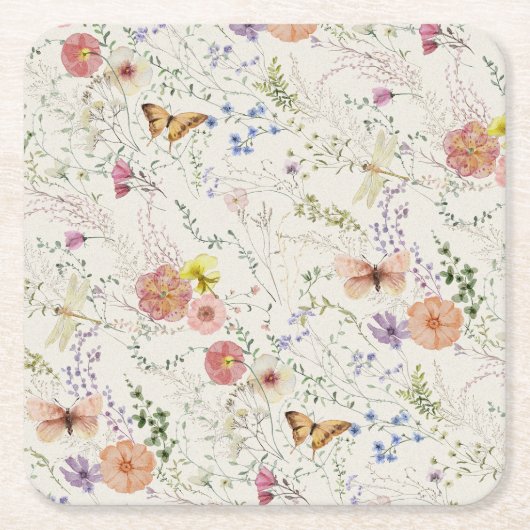 押されたワイルドフラワーフローラブライダルシャワー スクエアペーパーコースター (正面)