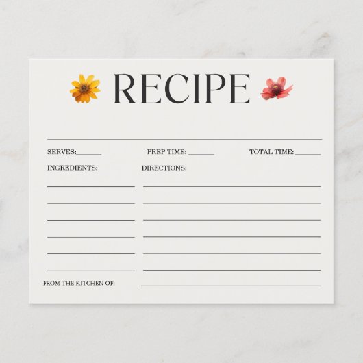 押されたワイルドフラワーブライダルシャワーレシピカード (正面)