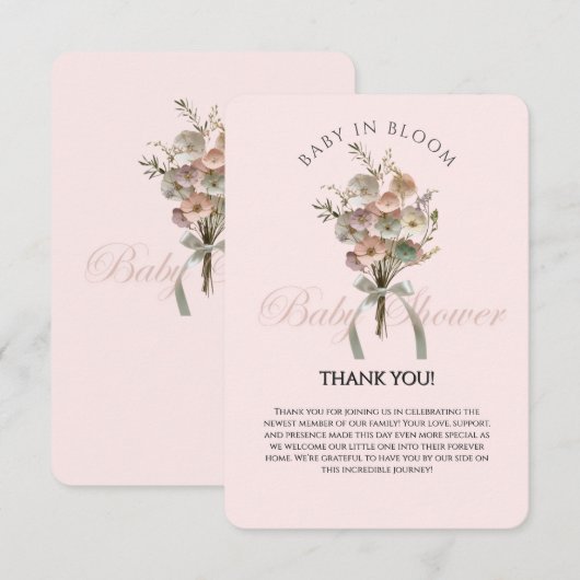 押されたワイルドフラワーベビーで開花Bohoベビーシャワー サンキューカード (正面/裏面)