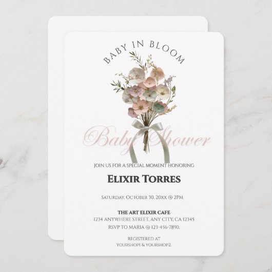 押されたワイルドフラワーベビーで開花Bohoベビーシャワー 招待状 (正面/裏面)