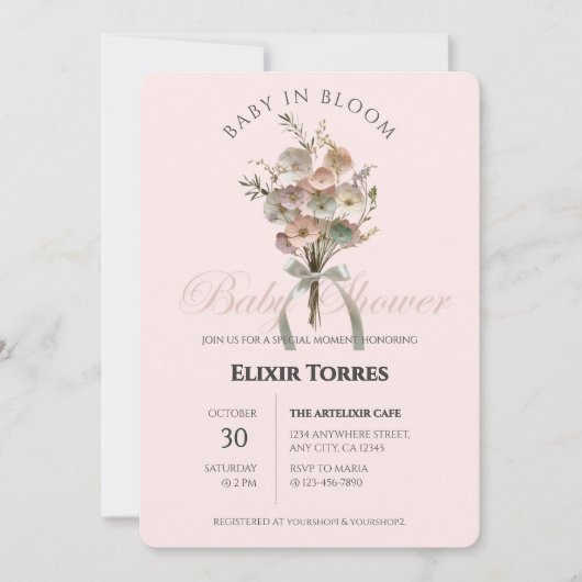 押されたワイルドフラワーベビーで開花Bohoベビーシャワー 招待状 (正面)