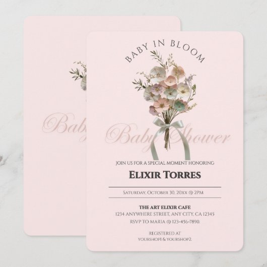 押されたワイルドフラワーベビーで開花Bohoベビーシャワー 招待状 (正面/裏面)