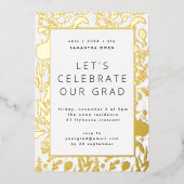 押されたワイルドフラワーリーフ卒業パーティー金ゴールド 箔招待状 (正面)