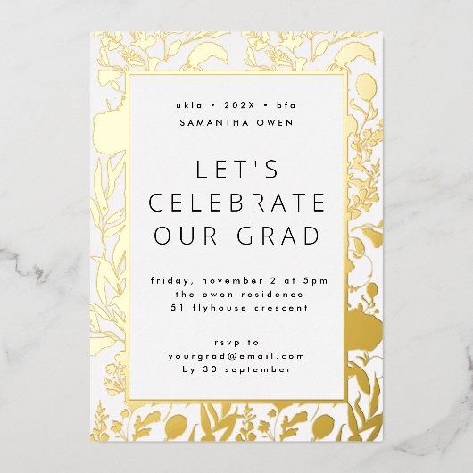 押されたワイルドフラワーリーフ卒業パーティー金ゴールド 箔招待状 (正面)