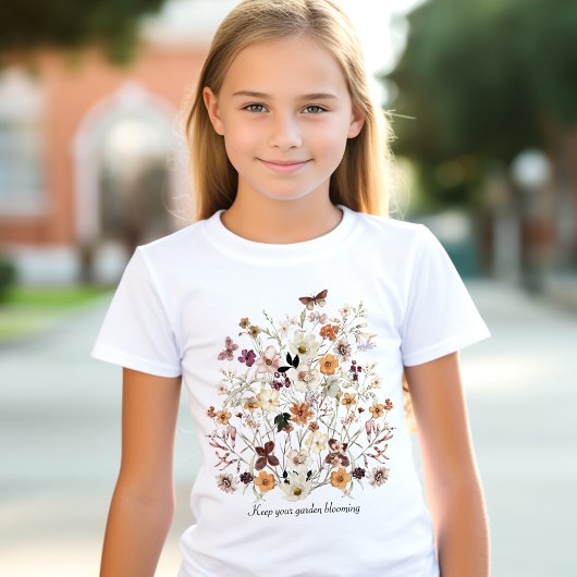 押された花ワイルドフラワーズネームコテージコアレガールズ Tシャツ