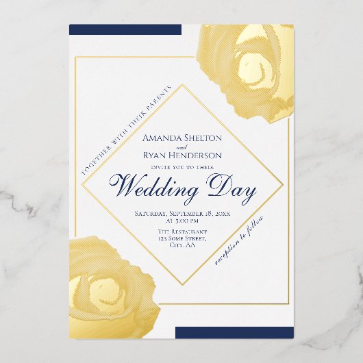 押しエレガントた金ゴールドバラの結婚フローラ  箔招待状 (正面)