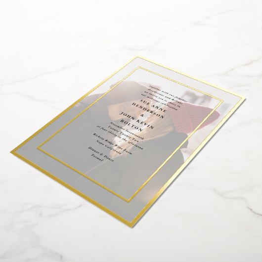 押しエレガントフォーマルた金ゴールド額写真結婚の 箔招待状 (回転した状態)