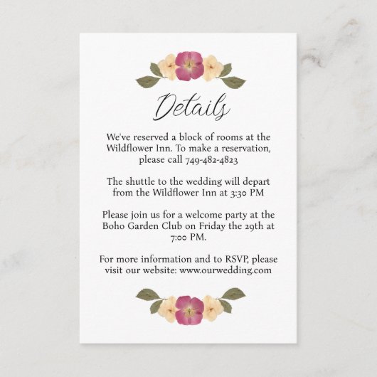 押しエレガント付けワイルドフラワー庭園の結婚式詳細 エンクロージャーカード (正面)