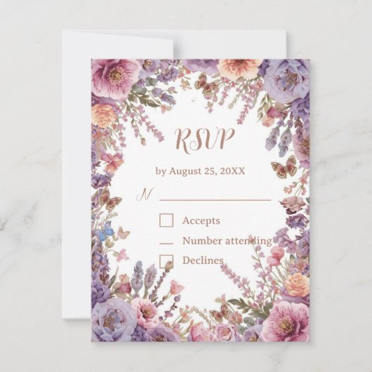 押し付けられたピンクのラベンダー色の野の花　ＱＲコード付きＲＳＶＰ 出欠カード (正面)