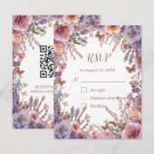押し付けられたピンクのラベンダー色の野の花　ＱＲコード付きＲＳＶＰ 出欠カード (正面/裏面)