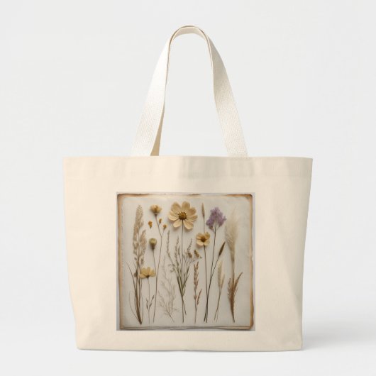 押し花の植物画をモチーフにしたナチュラルな雰囲気の ラージトートバッグ (正面)