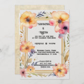 押し花の水カラー金ゴールドトリム結婚ズ 招待状 (正面/裏面)