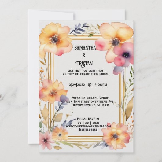押し花水彩ゴールドトリムウェディング 招待状 (正面)
