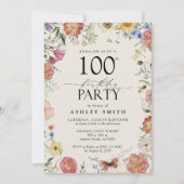 押し花100th誕生日パーティーピンクエレガント色 招待状 (正面)