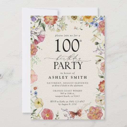押し花100th誕生日パーティーピンクエレガント色 招待状 (正面)