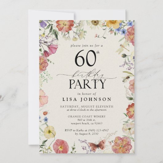 押し花60th誕生日パーティーピンクエレガント色 招待状 (正面)