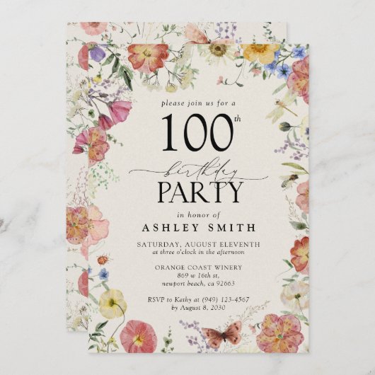 押し花 100歳の誕生日パーティー エレガントなピンク 招待状 (正面/裏面)