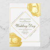 押エレガントされた金ゴールドバラ結婚フローラ 箔招待状 (正面)