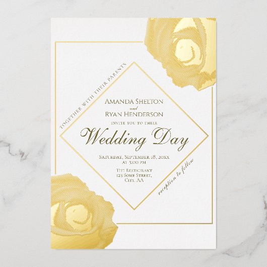押エレガントされた金ゴールドバラ結婚フローラ 箔招待状 (正面)