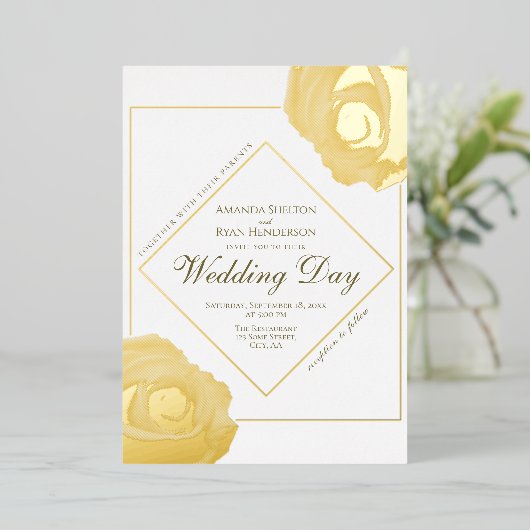押エレガントされた金ゴールドバラ結婚フローラ 箔招待状 (立ち正面)