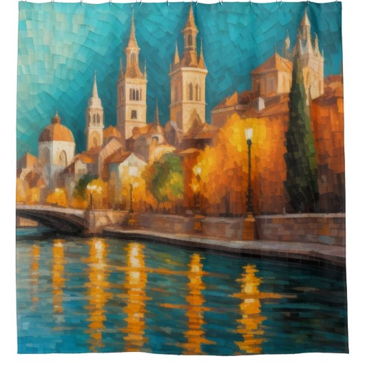 抽象デザインモダン金ゴールドオレンジブルーヨーロッパ シャワーカーテン (正面)