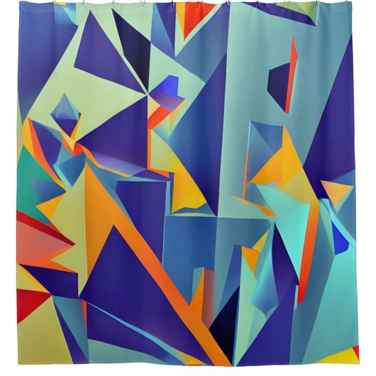 抽象デザイン290キュービズム青オレンジ シャワーカーテン (正面)