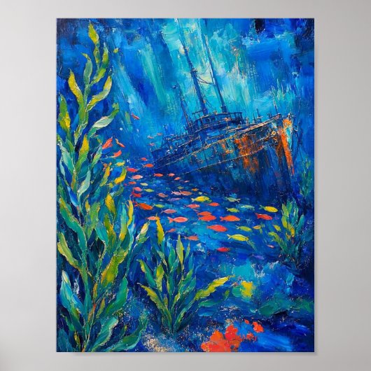 抽象画 海洋植物 魚 沈没船 ポスター (正面)