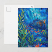 抽象画 海洋植物 魚 沈没船 ポストカード (正面/裏面)