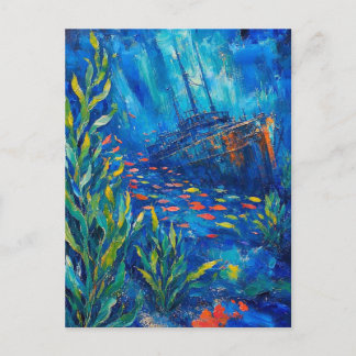 抽象画 海洋植物 魚 沈没船 ポストカード
