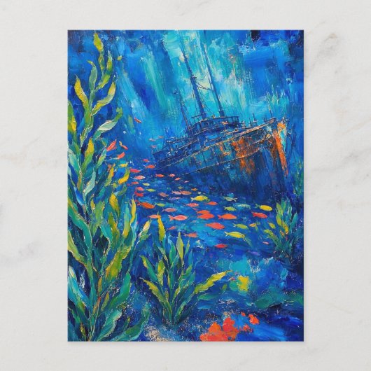 抽象画 海洋植物 魚 沈没船 ポストカード (正面)