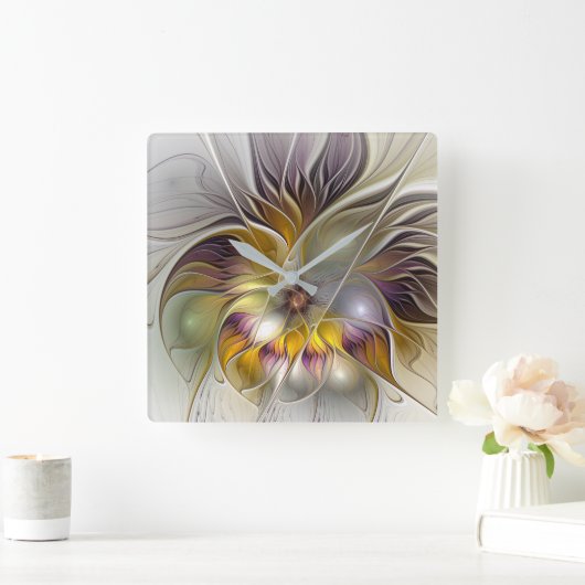 抽象的でカラフルなファンタジーの花のモダンのフラクタル スクエア壁時計 (ホーム)