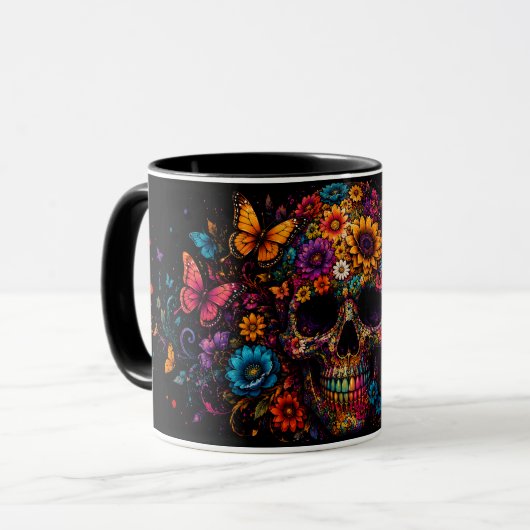 抽象的でカラフルな華やかな花のドクロ コーヒー マグカップ (正面左)
