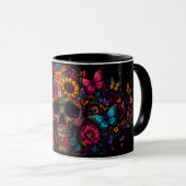 抽象的でカラフルな華やかな花のドクロ コーヒー マグカップ (正面右)